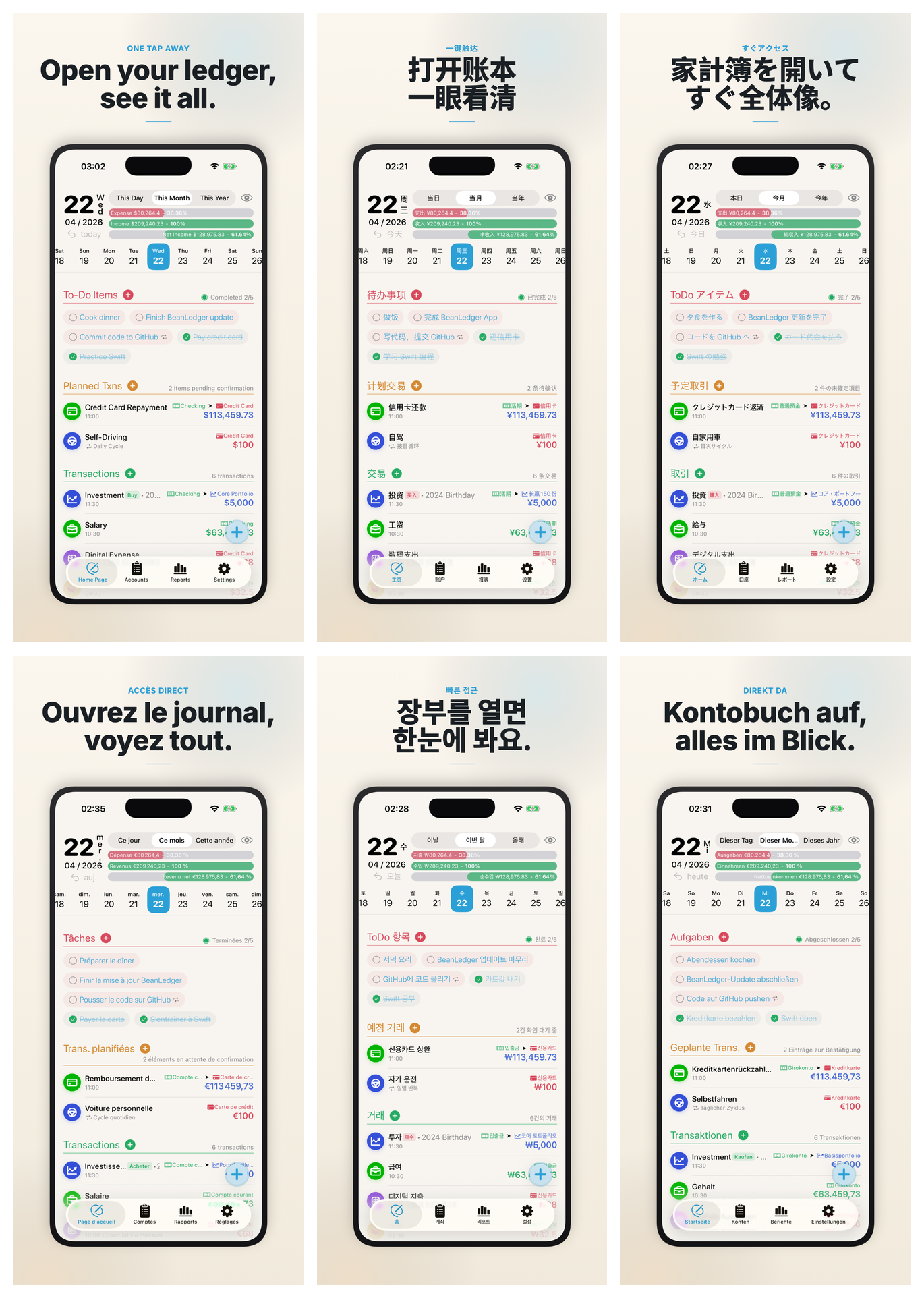 BeanLedger 六种语言的 App Store 截图